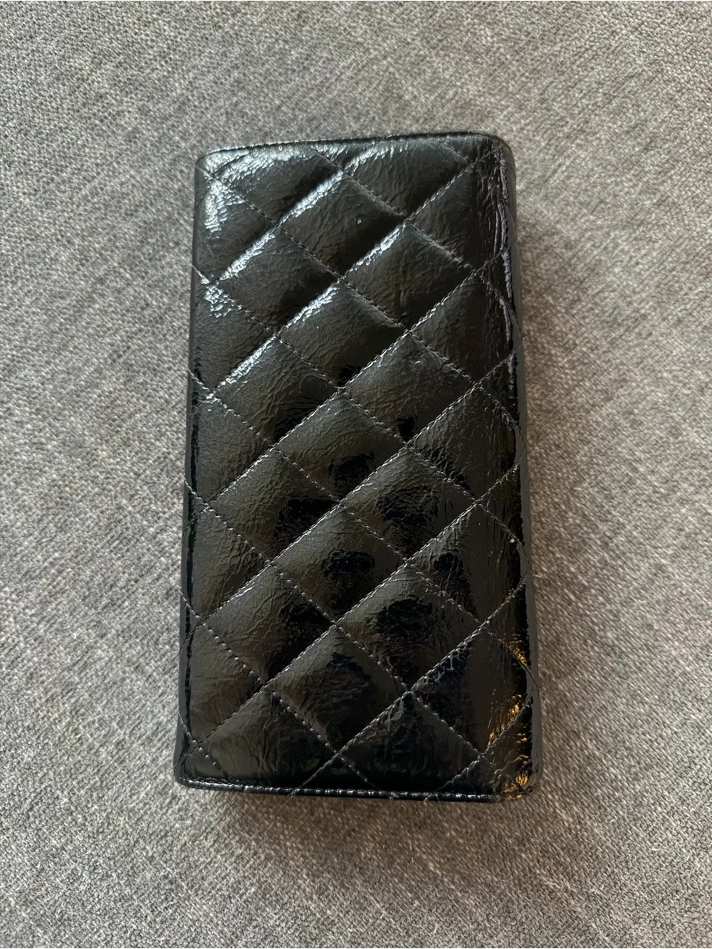 CHANEL Black Quilted Patent Leather Wallet with Silver CC Hardware